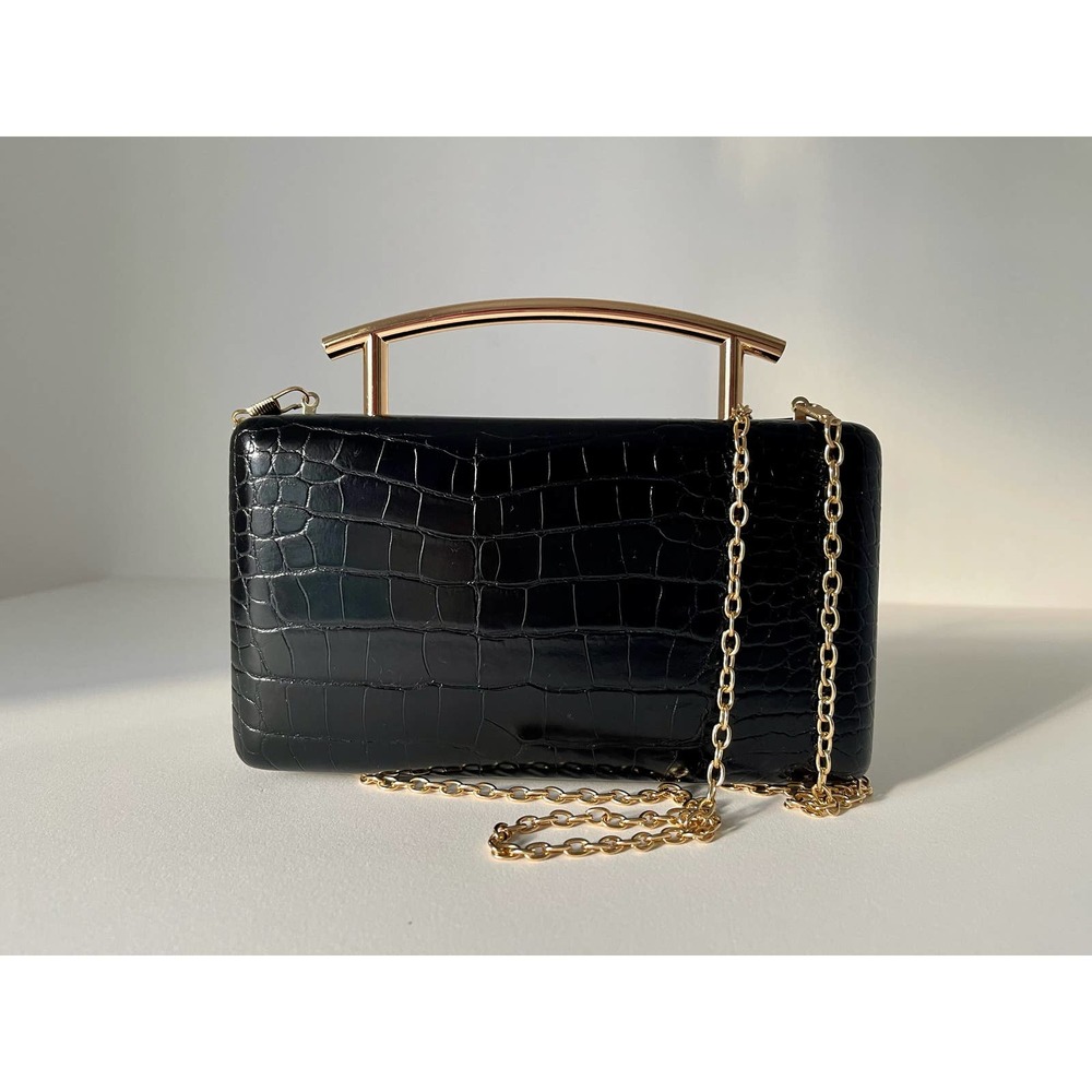 Urban Outfitters Black Patent Leather Hard Clutch with Gold handle and Chain